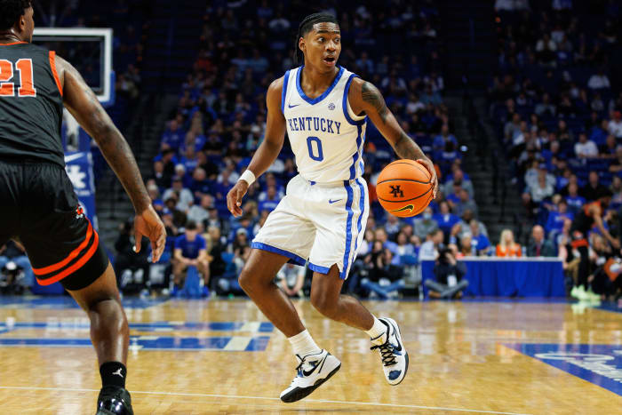 Oct 27, 2023; Lexington, KY, USA; Kentucky Wildcats guard Rob Dillingham (0) handles the ball during the second half against the Georgetown Tigers at Rupp Arena. Mandatory Credit: Jordan Prather-USA TODAY Sports